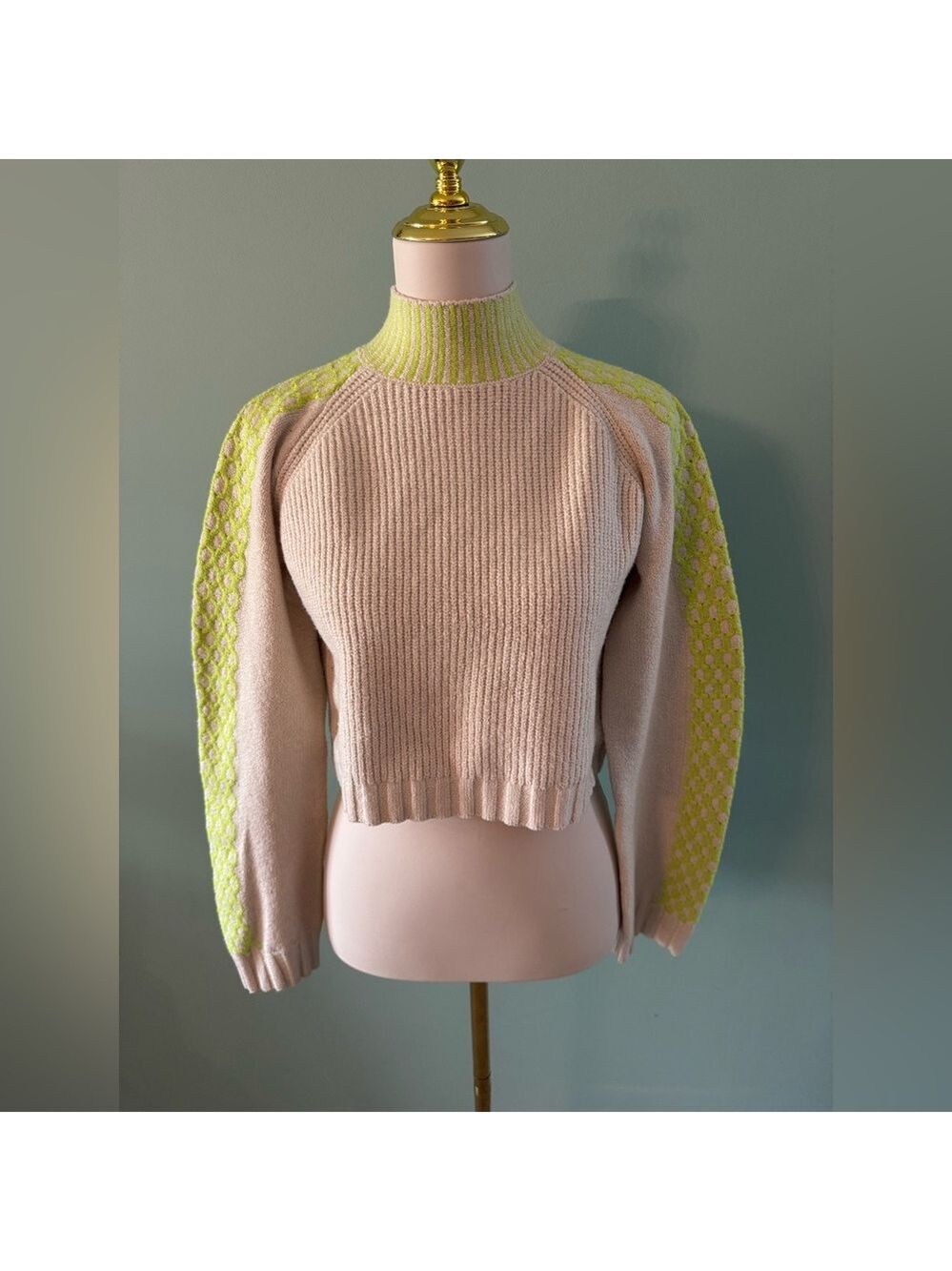 Wild Fable Cream and Green Turtleneck Sweater, XS